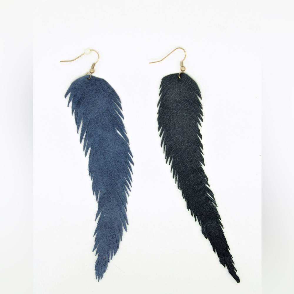Black and Blue Leather Feather Earrings